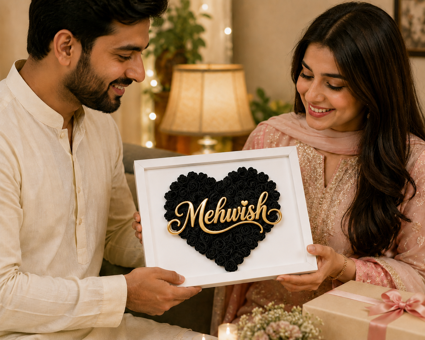 Custom Name Black Floral Heart Box Frame