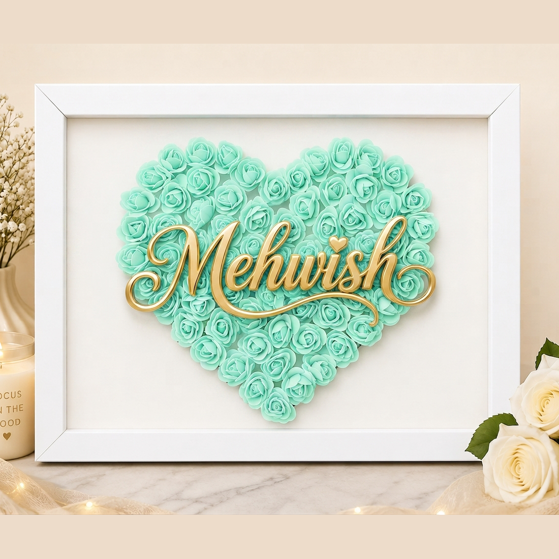 Custom Name Mint Green Floral Heart Box Frame