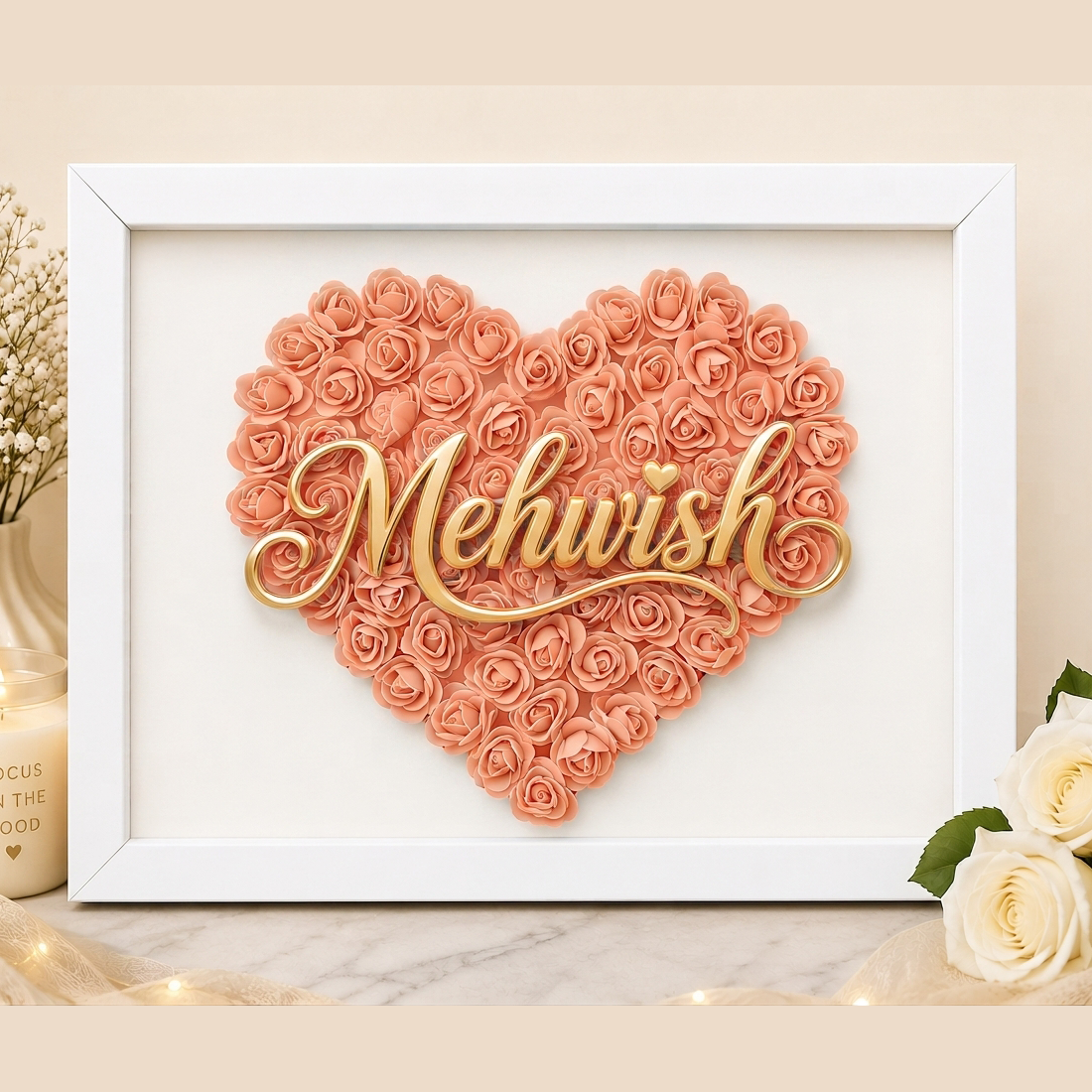 Custom Name Peach Floral Heart Box Frame