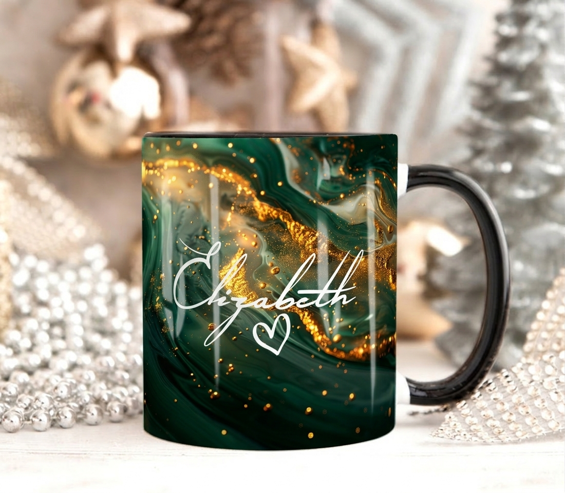 Green & Gold Marble Mug Elizabeth Design