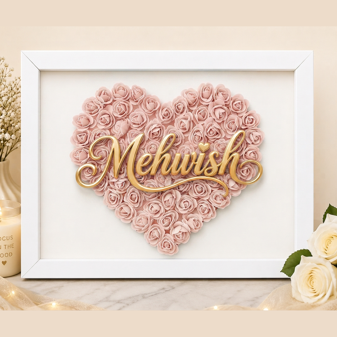 Custom Name Blush Pink Floral Heart Box Frame