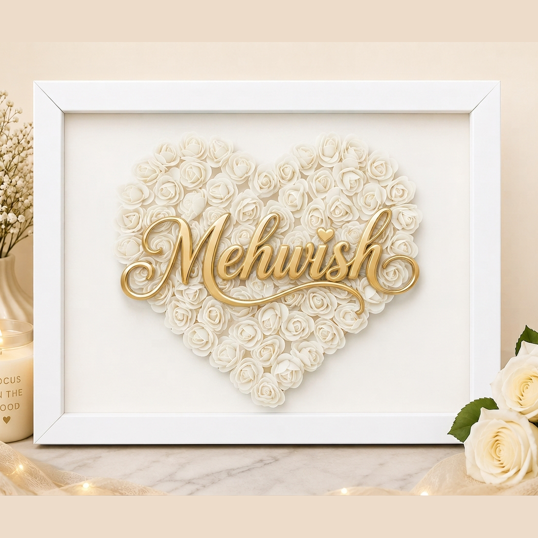 Custom Name White Floral Heart Box Frame
