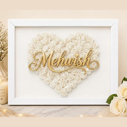 Custom Name White Floral Heart Box Frame