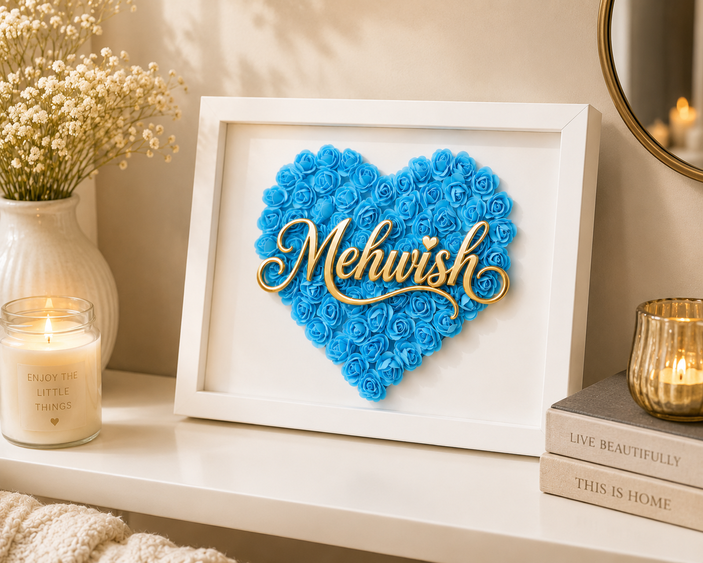 Custom Name Baby Blue Floral Heart Box Frame