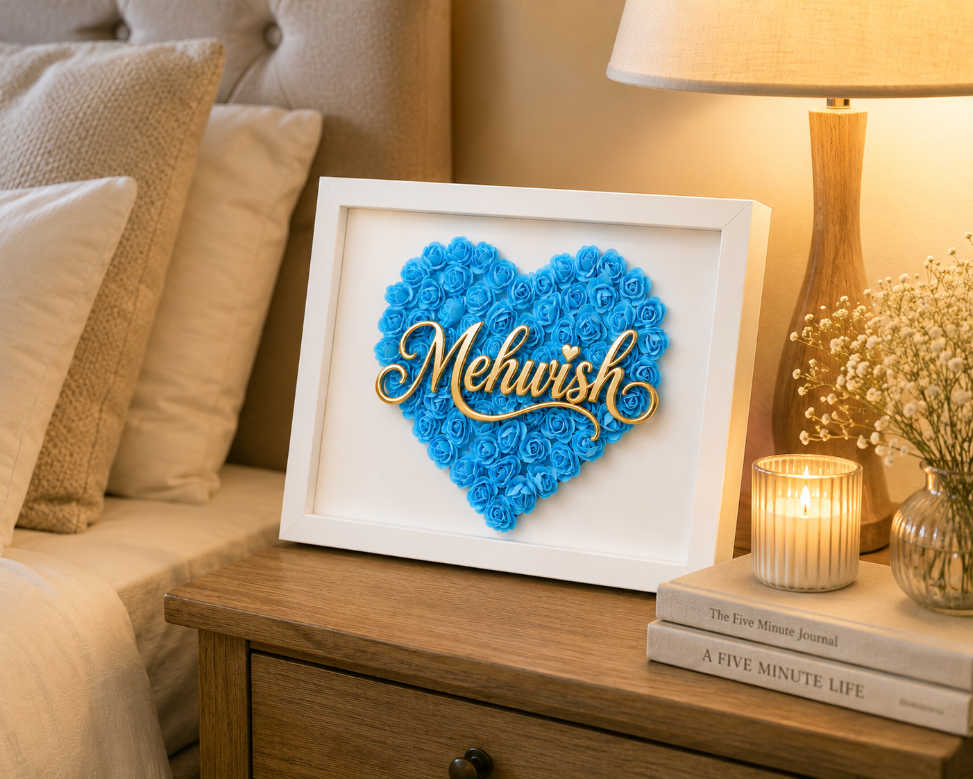 Custom Name Baby Blue Floral Heart Box Frame