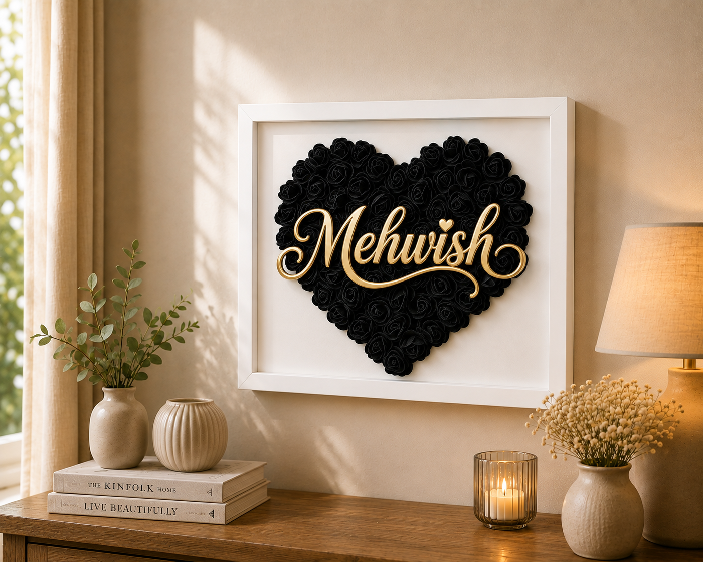 Custom Name Black Floral Heart Box Frame