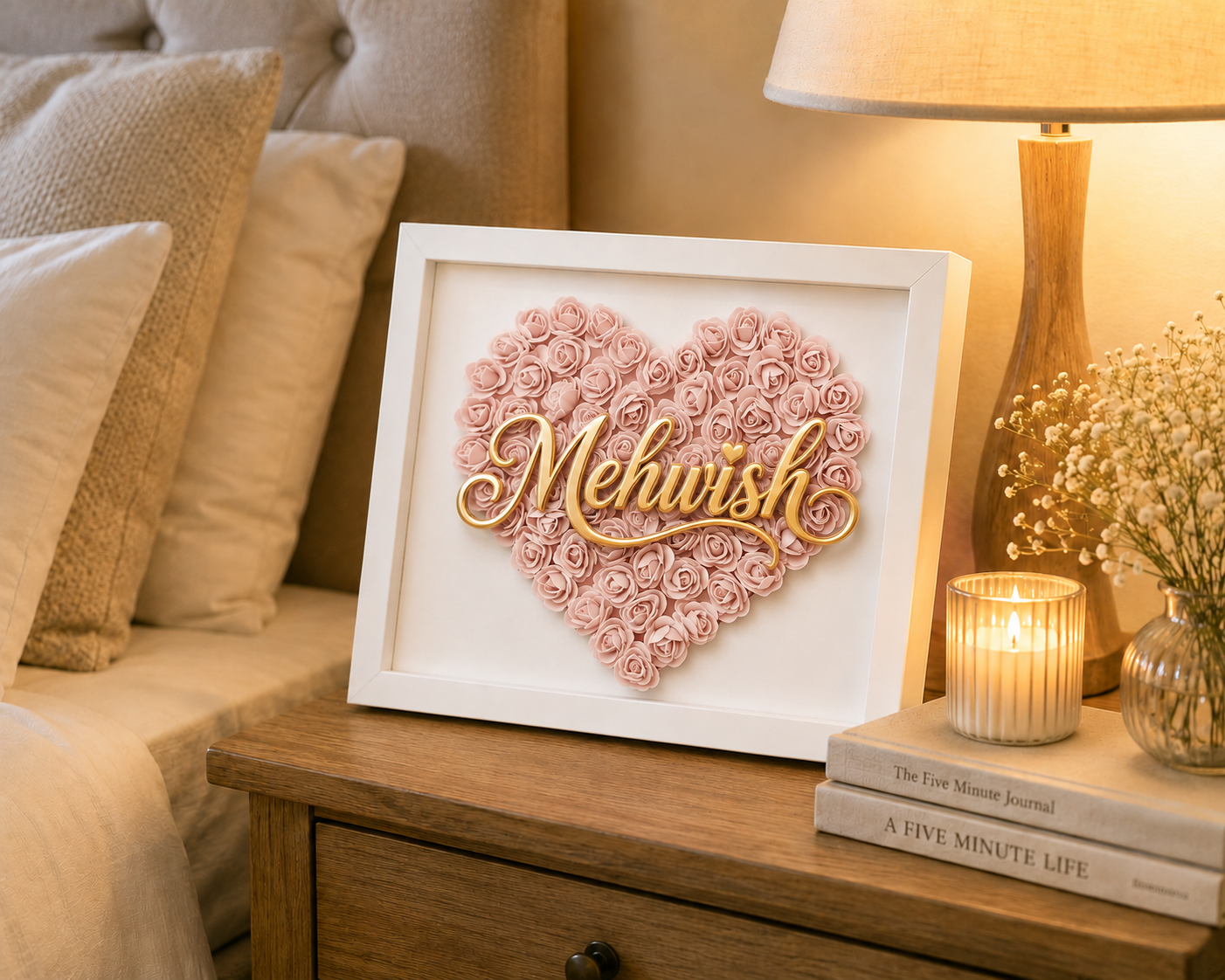 Custom Name Blush Pink Floral Heart Box Frame