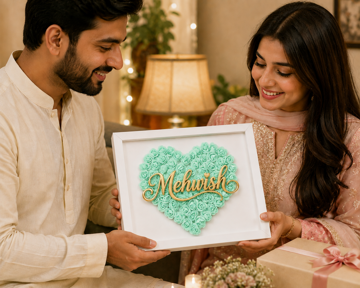 Custom Name Mint Green Floral Heart Box Frame
