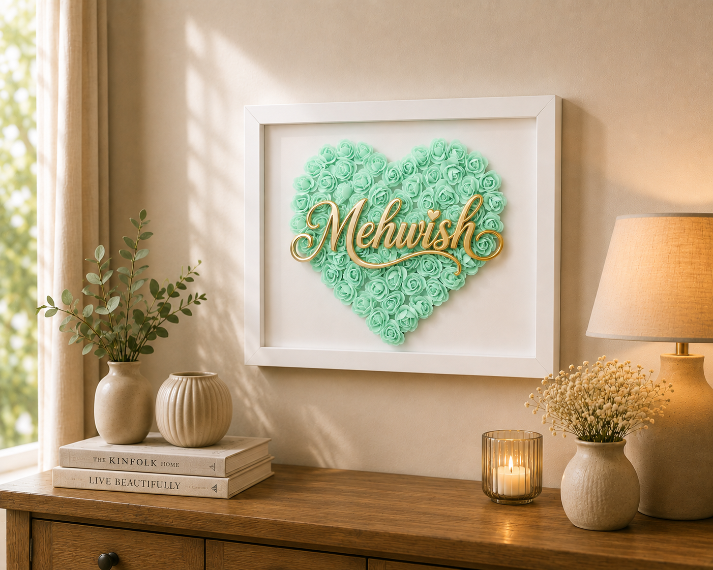 Custom Name Mint Green Floral Heart Box Frame