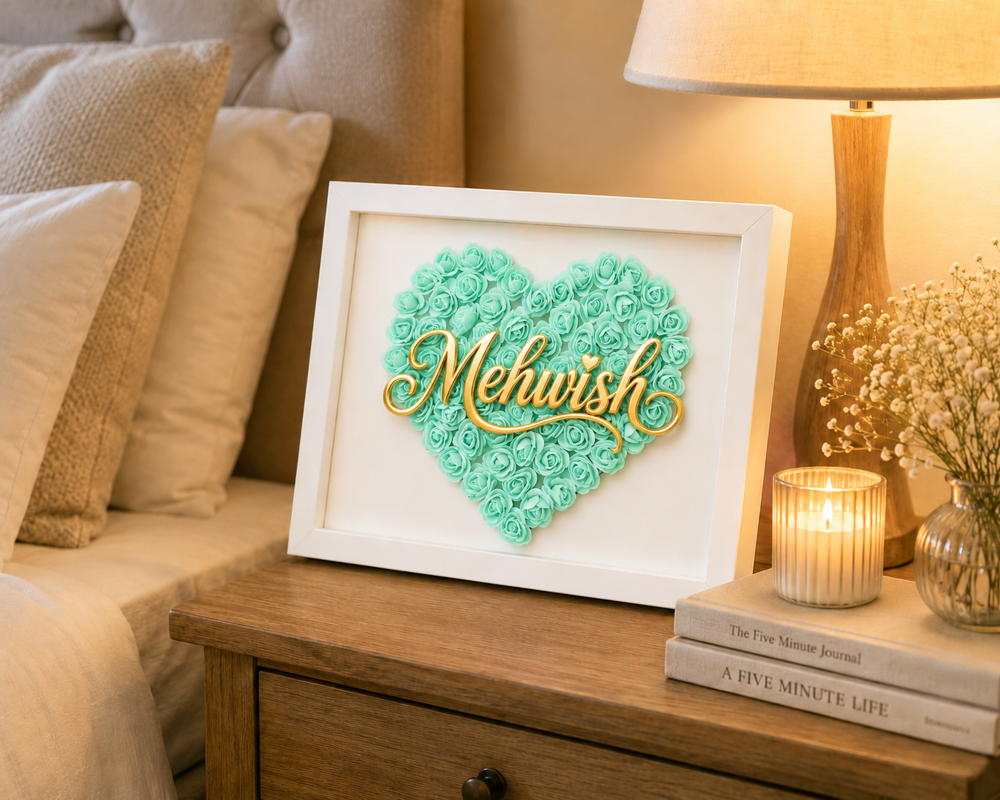 Custom Name Mint Green Floral Heart Box Frame