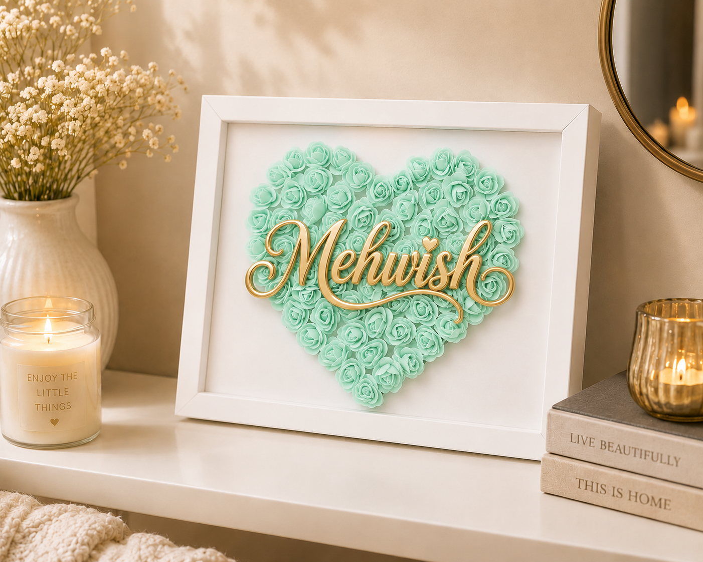 Custom Name Mint Green Floral Heart Box Frame
