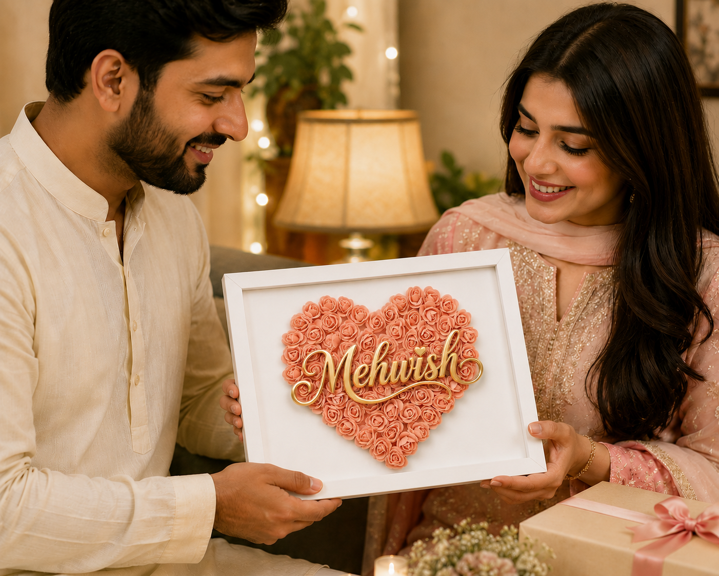 Custom Name Peach Floral Heart Box Frame