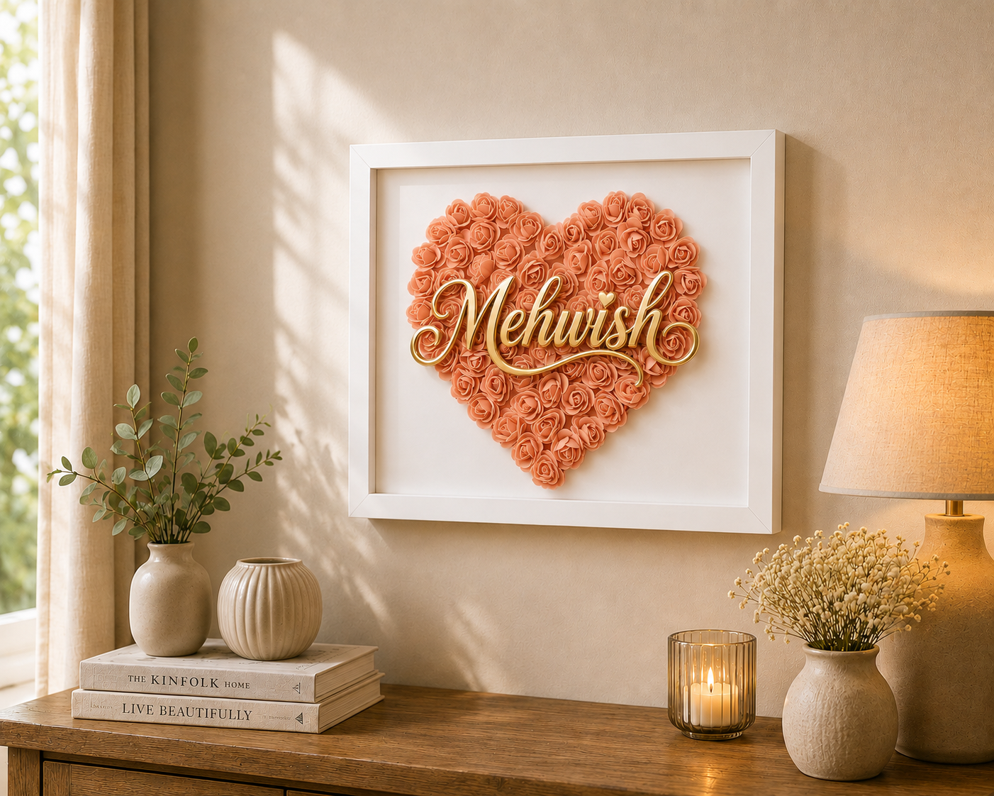 Custom Name Peach Floral Heart Box Frame
