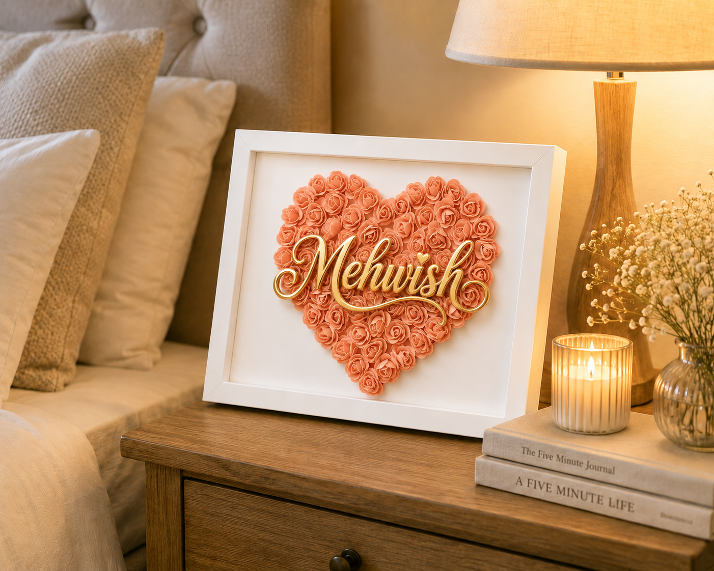 Custom Name Peach Floral Heart Box Frame