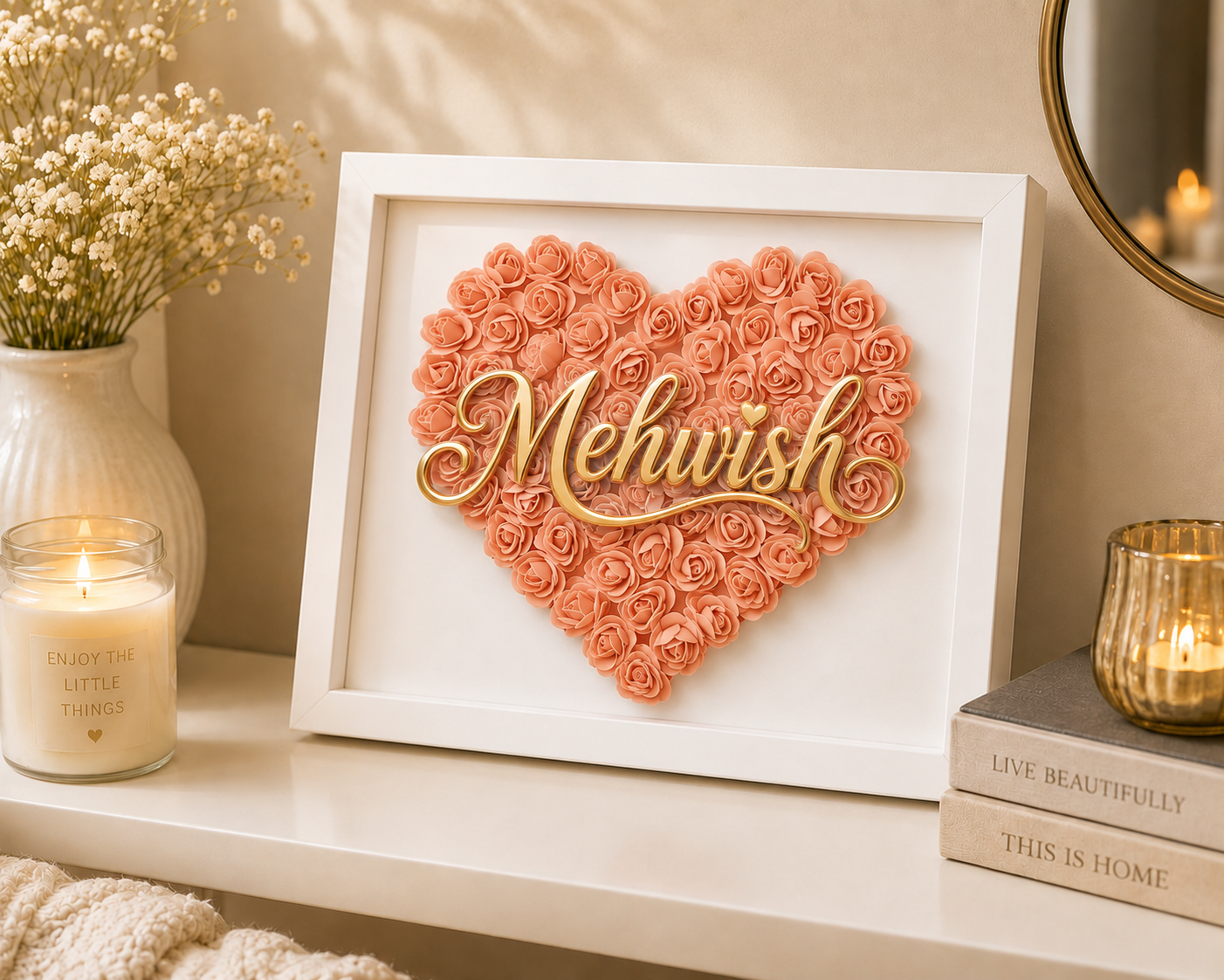 Custom Name Peach Floral Heart Box Frame