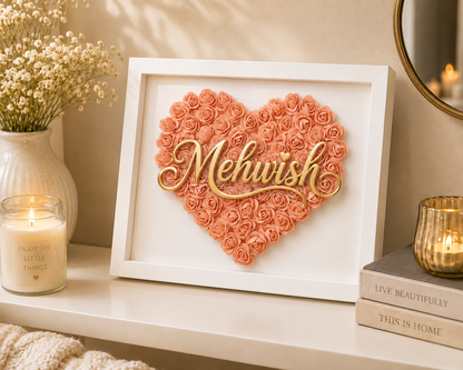 Custom Name Peach Floral Heart Box Frame