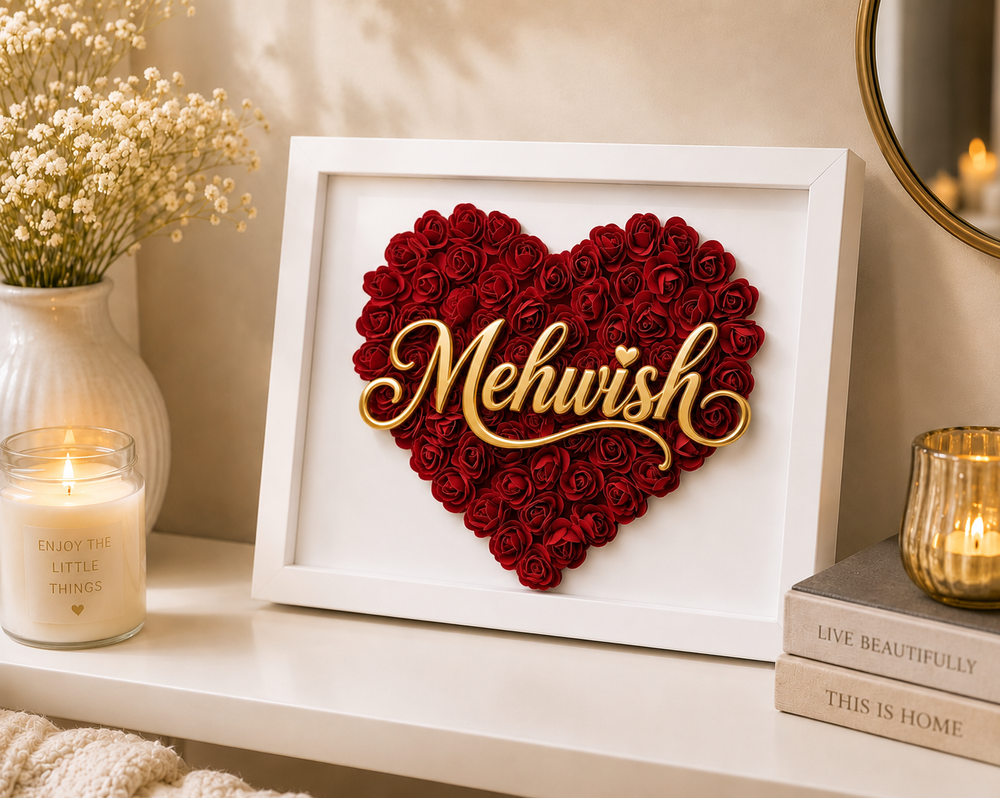 Custom Name Red Floral Heart Box Frame
