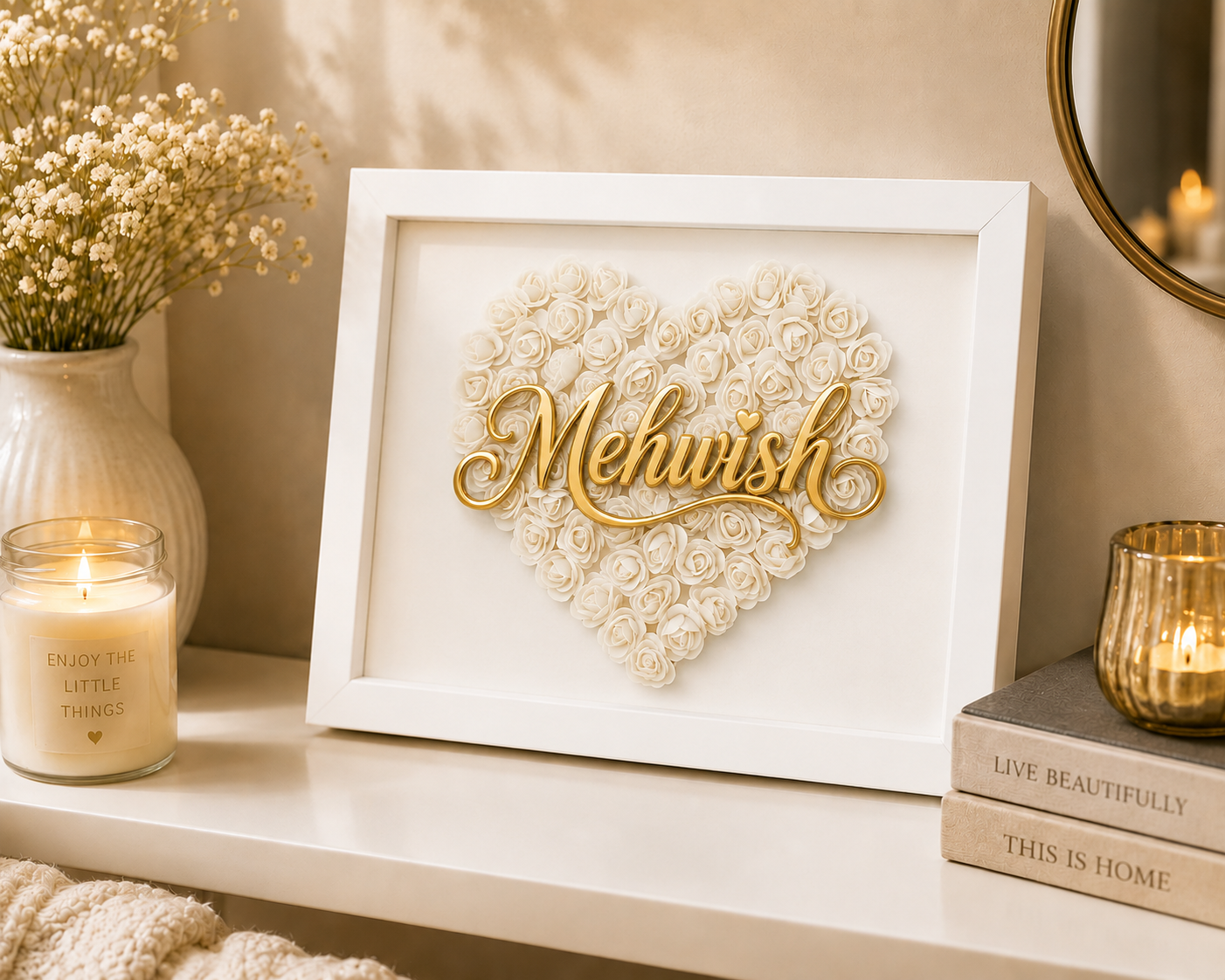 Custom Name White Floral Heart Box Frame