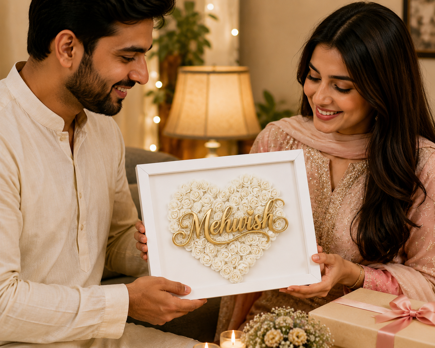 Custom Name White Floral Heart Box Frame