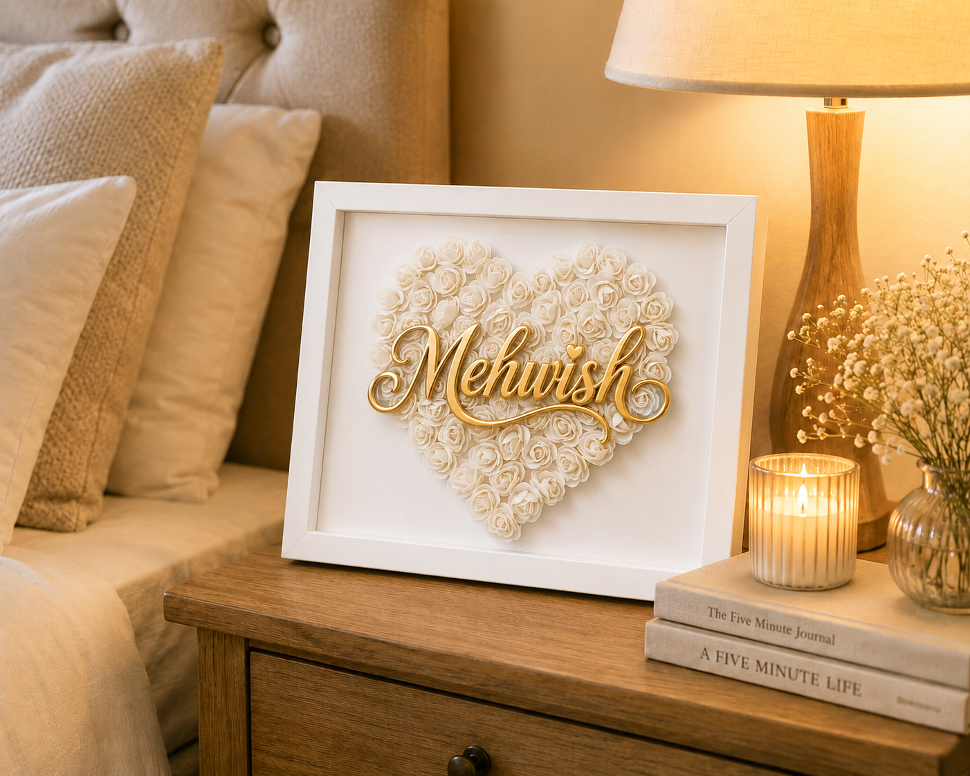 Custom Name White Floral Heart Box Frame