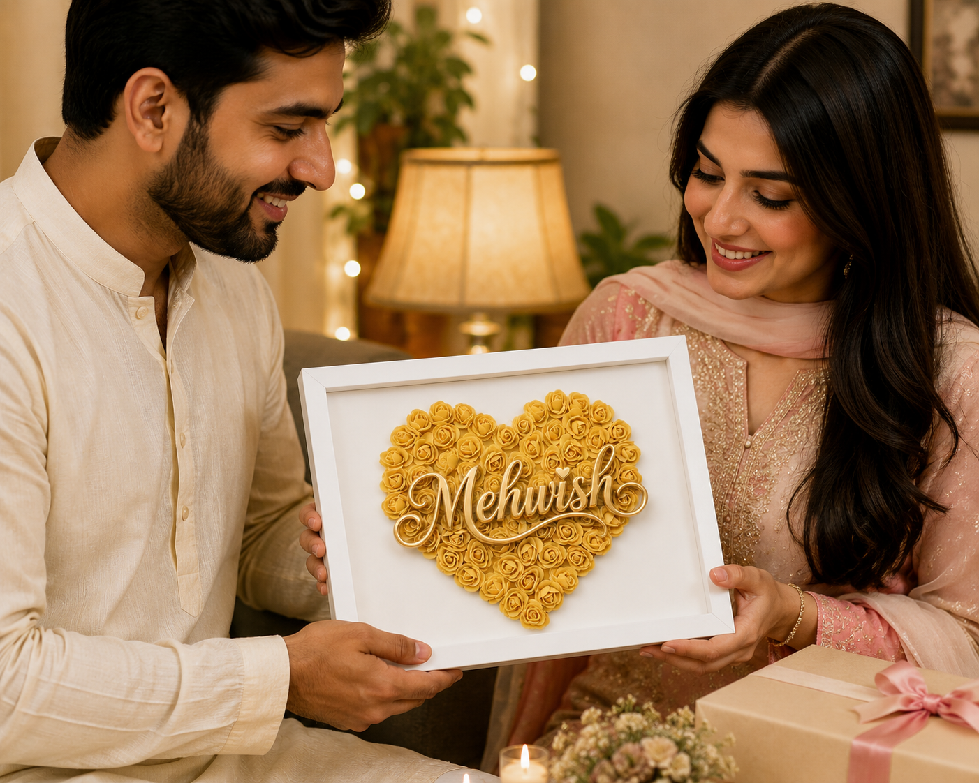 Custom Name Yellow Floral Heart Box Frame